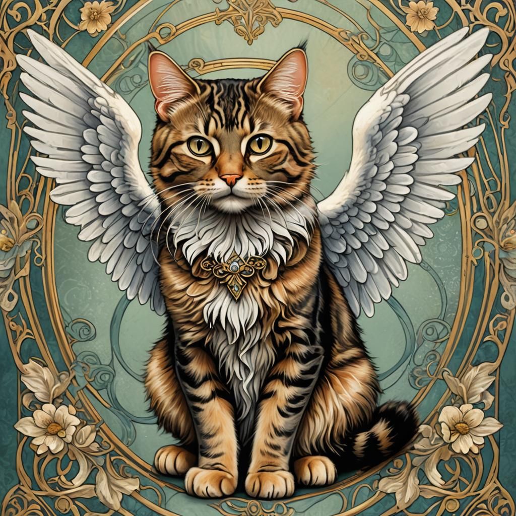 Tabby Cat with Angel Wings in Art Nouveau Style