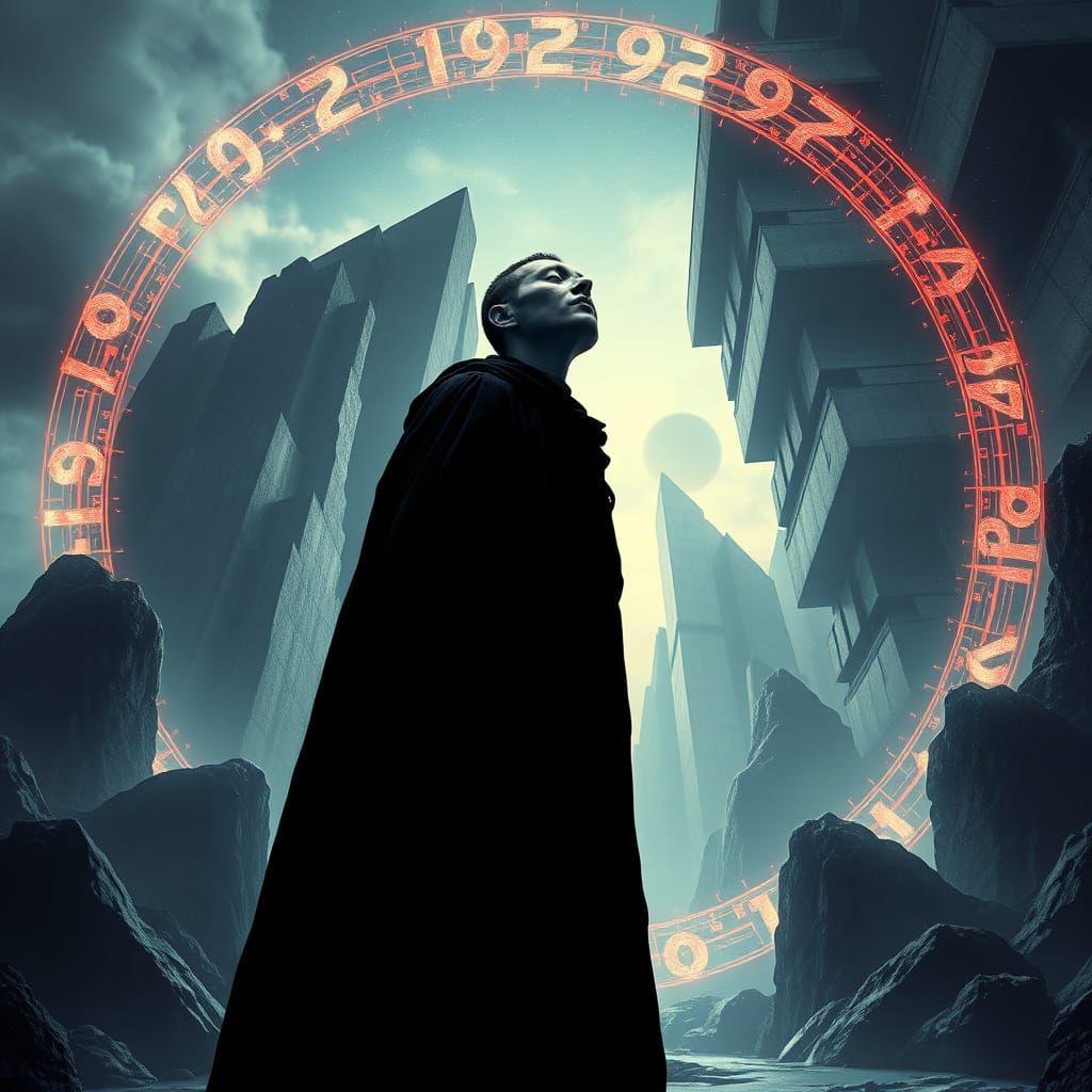 Timeless Eternity: Stoic Figure in Stasis, Surrounded by Fro...