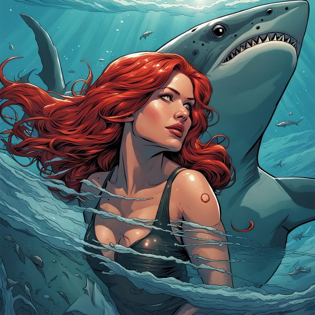Red-Haired Woman Swimming with Shark: Comic Book Art