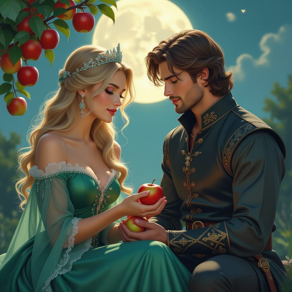 Princess Picking Apples in Retro-Futuristic Style