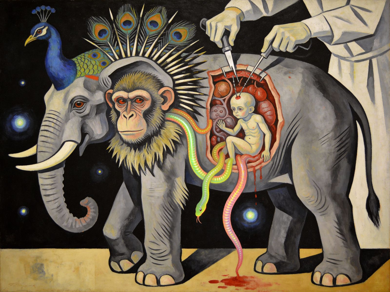 Surreal Hybrid Creature in Monochrome Guernica Style