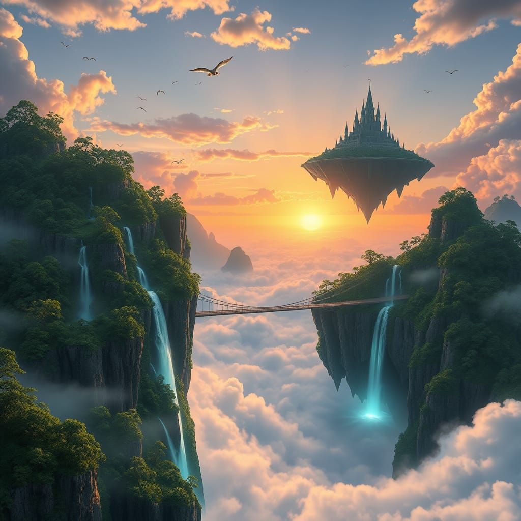 Colossal Floating Islands in Golden Sunset Sky