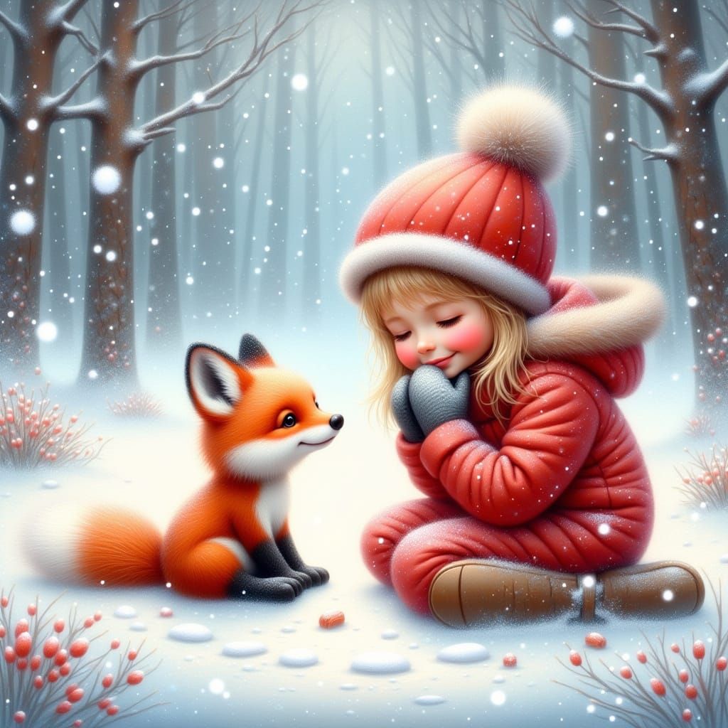 Girl and Fox Play in Snowy Forest Clearing