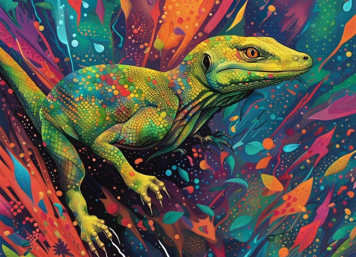 Monitor Lizard Leaps in Rainforest: Abstract Art