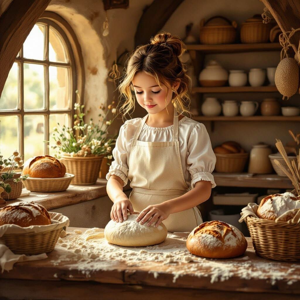 Girl Baking Bread in Cozy Folk Art Style