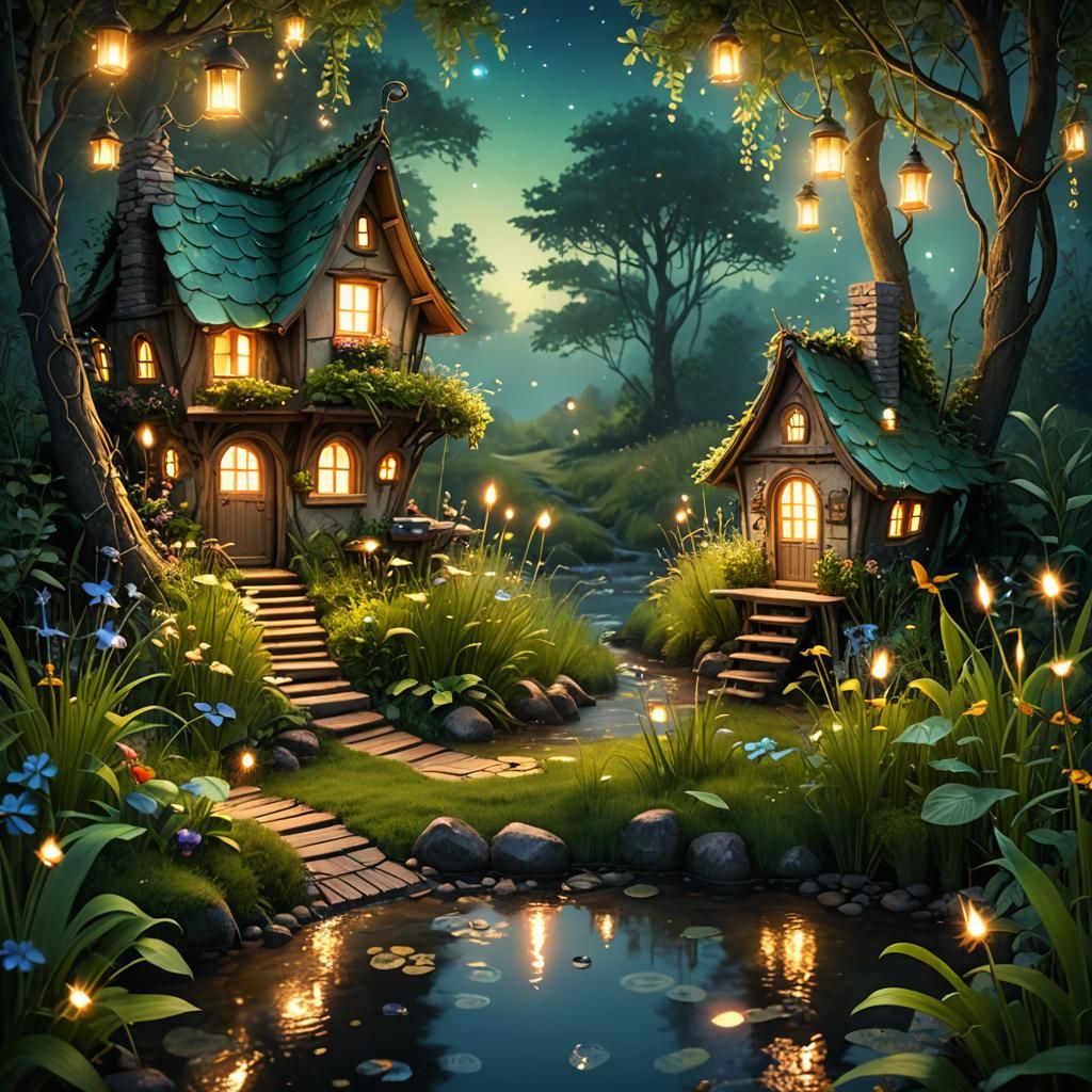 Magical Firefly Scene with Fairy House