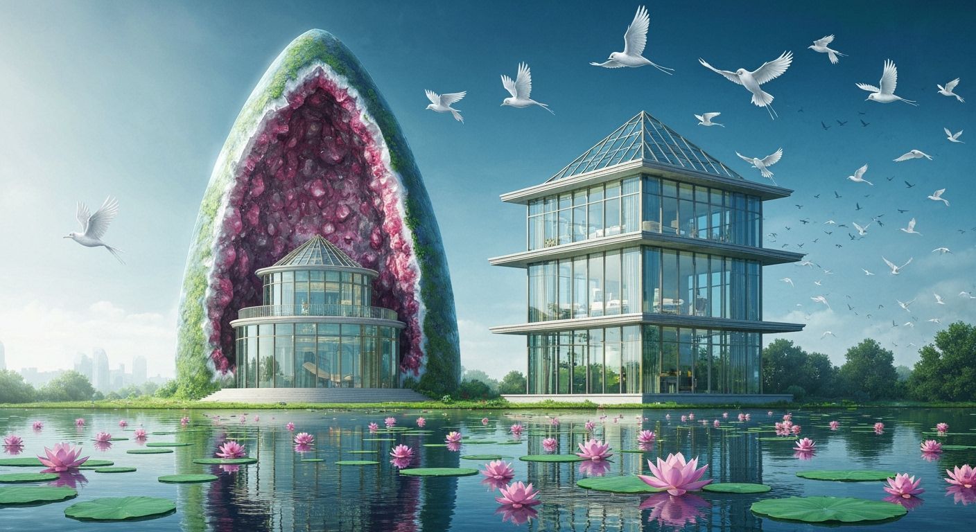 Gemstone Geode House Overlooking Water with Birds in Flight