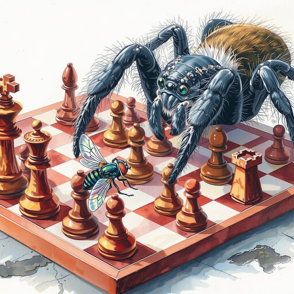 Spider and Fly Play Chess in Watercolor Style