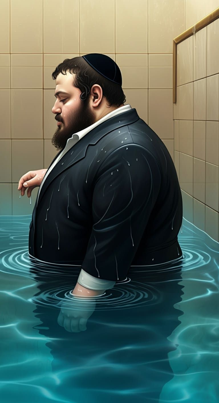 Hasidic Man Immersed in Mikvah, Comic-Style Illustration