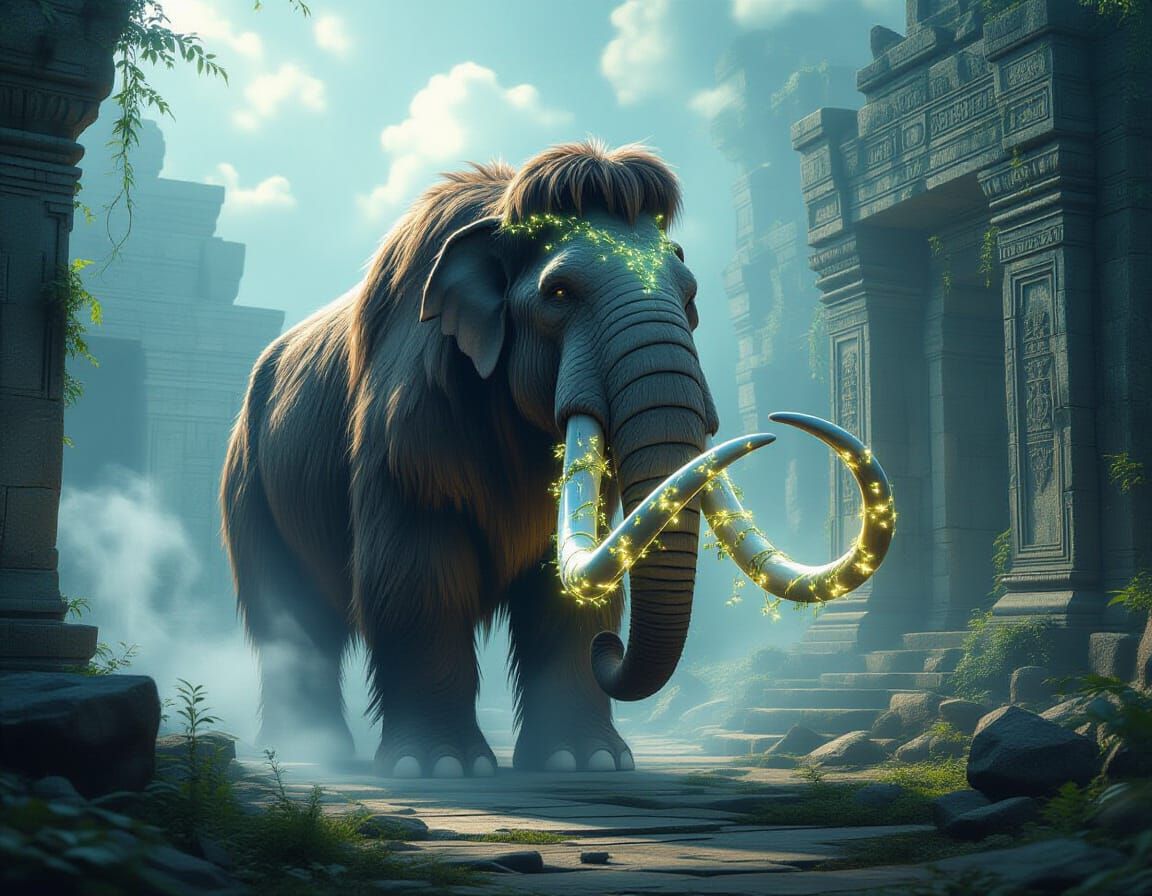 Majestic Mammoth Amidst Ancient Ruins with Celestial Vines
