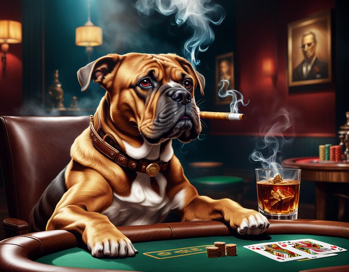 Hyperrealistic Dog Smoking Cigar at Poker Table