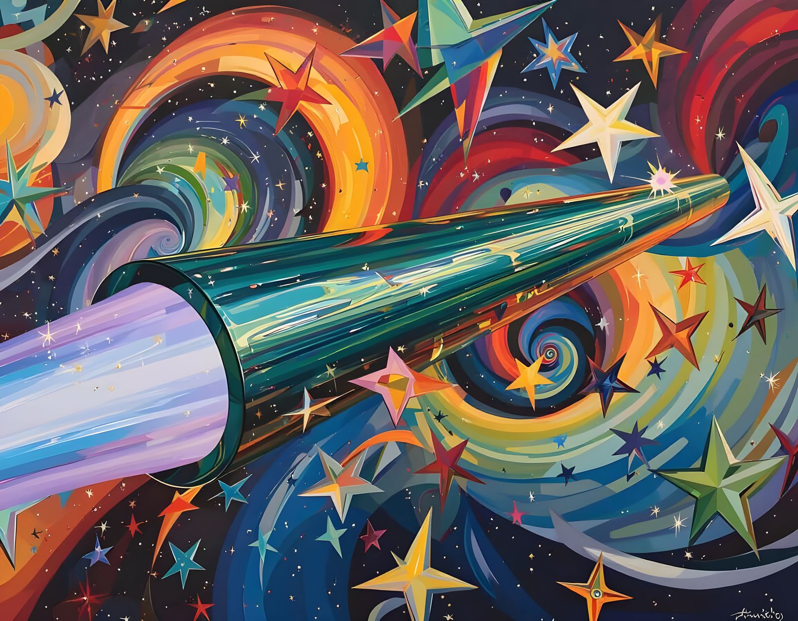 Sleek Mirror Cylinder with Iridescent Exhaust in Cosmic Vort...