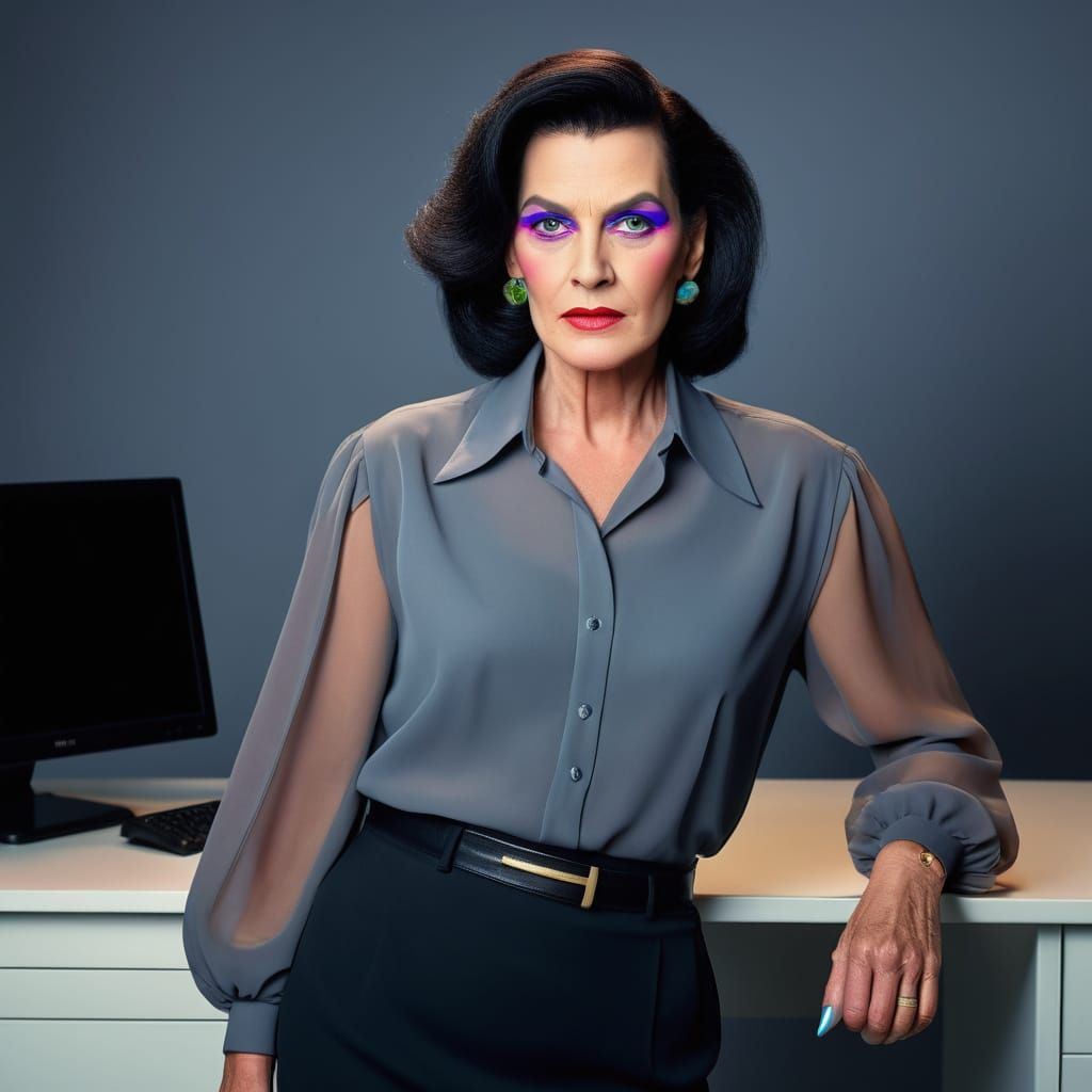 Androgynous Man in 80s Office Fashion