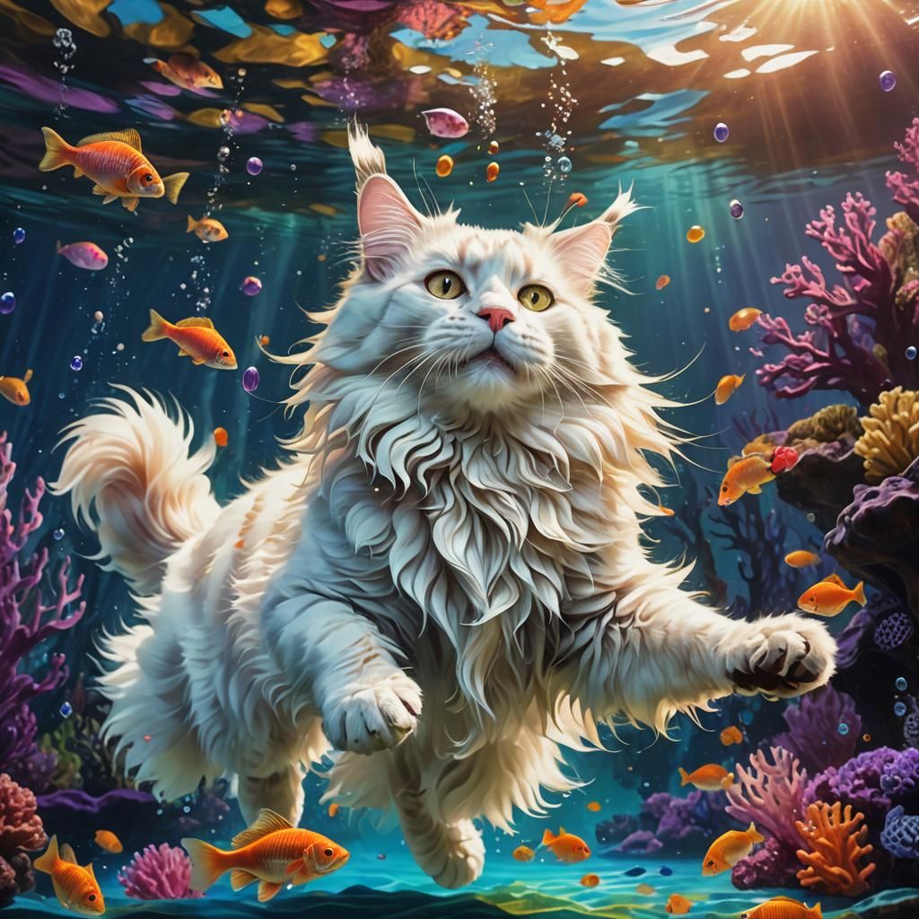 Maine Coon Cat Underwater Fantasy Coral Reef Dive