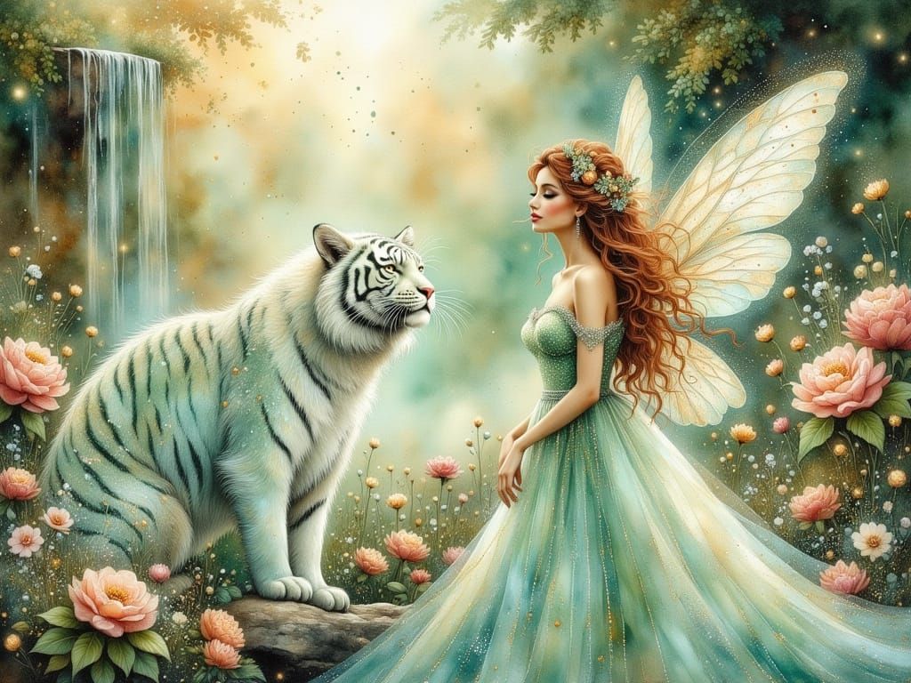 Elegant Fairy with White Tiger in Ethereal Garden