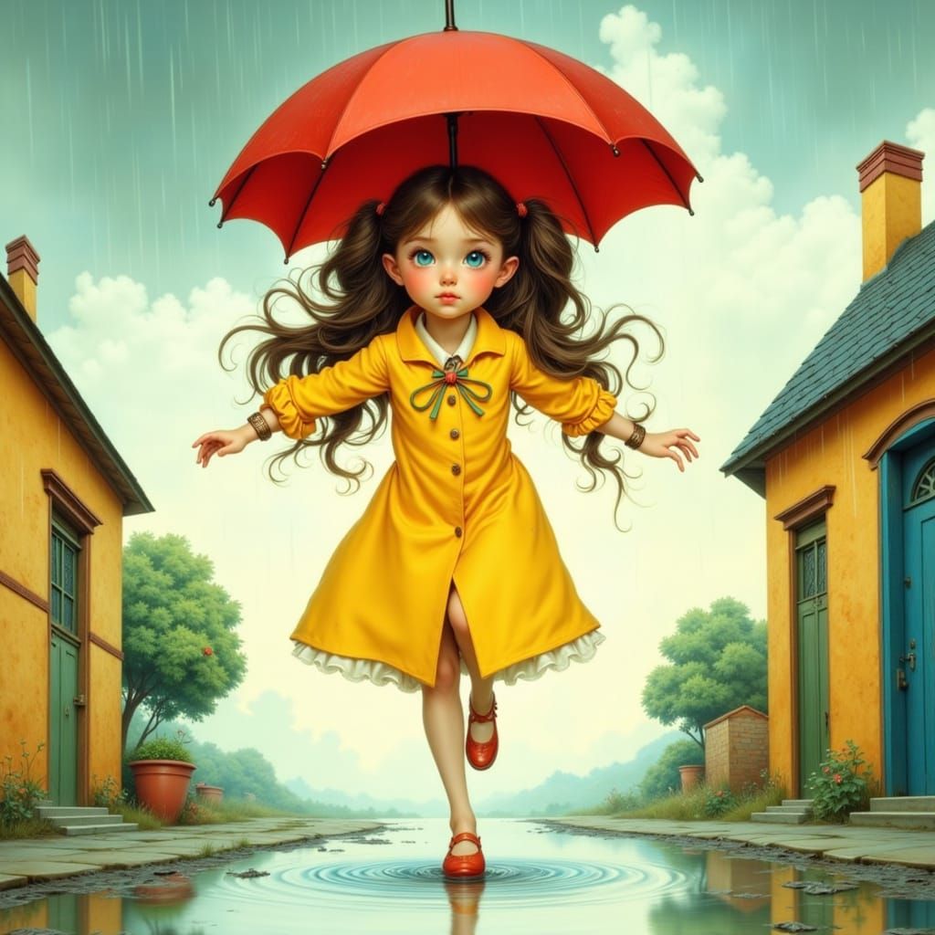 Girl Jumps in Puddle with Red Umbrella, Children's Book Styl...
