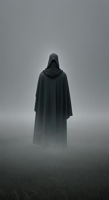 Ethereal Cloaked Figure in Foggy Field