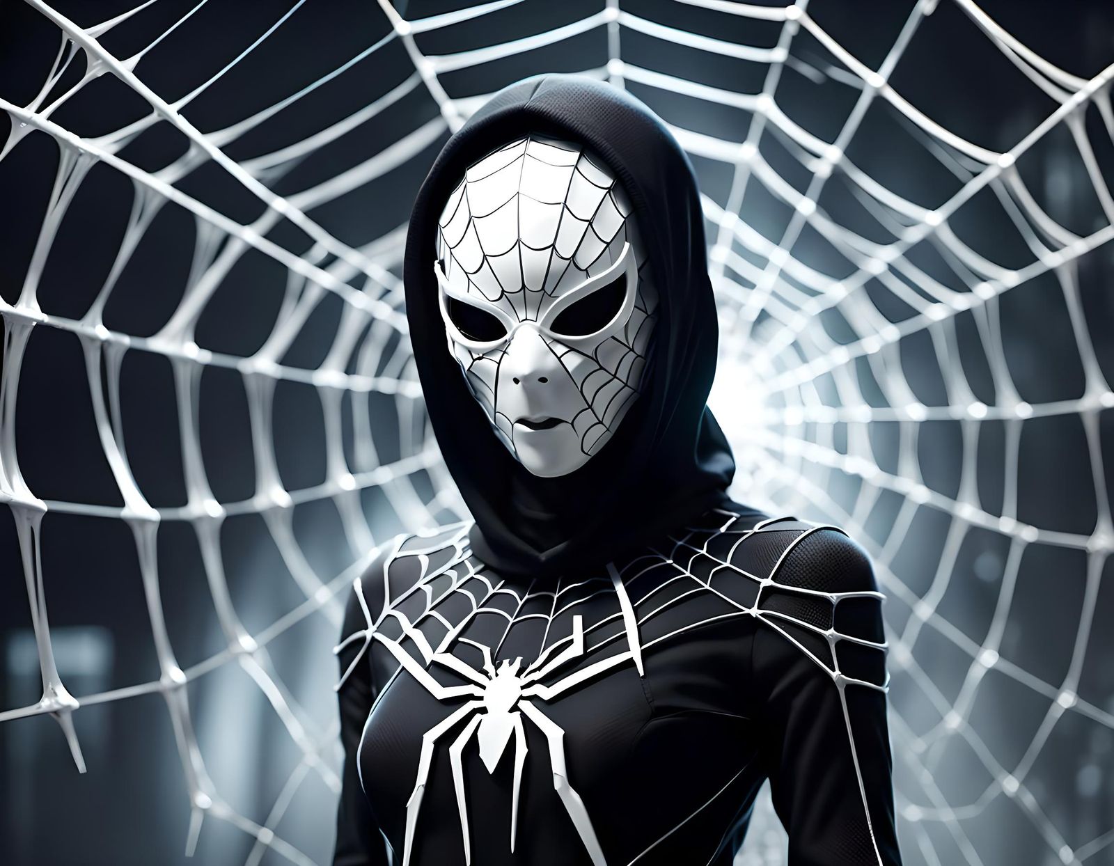 Sci-Fi Woman in Mask Behind Spider Web