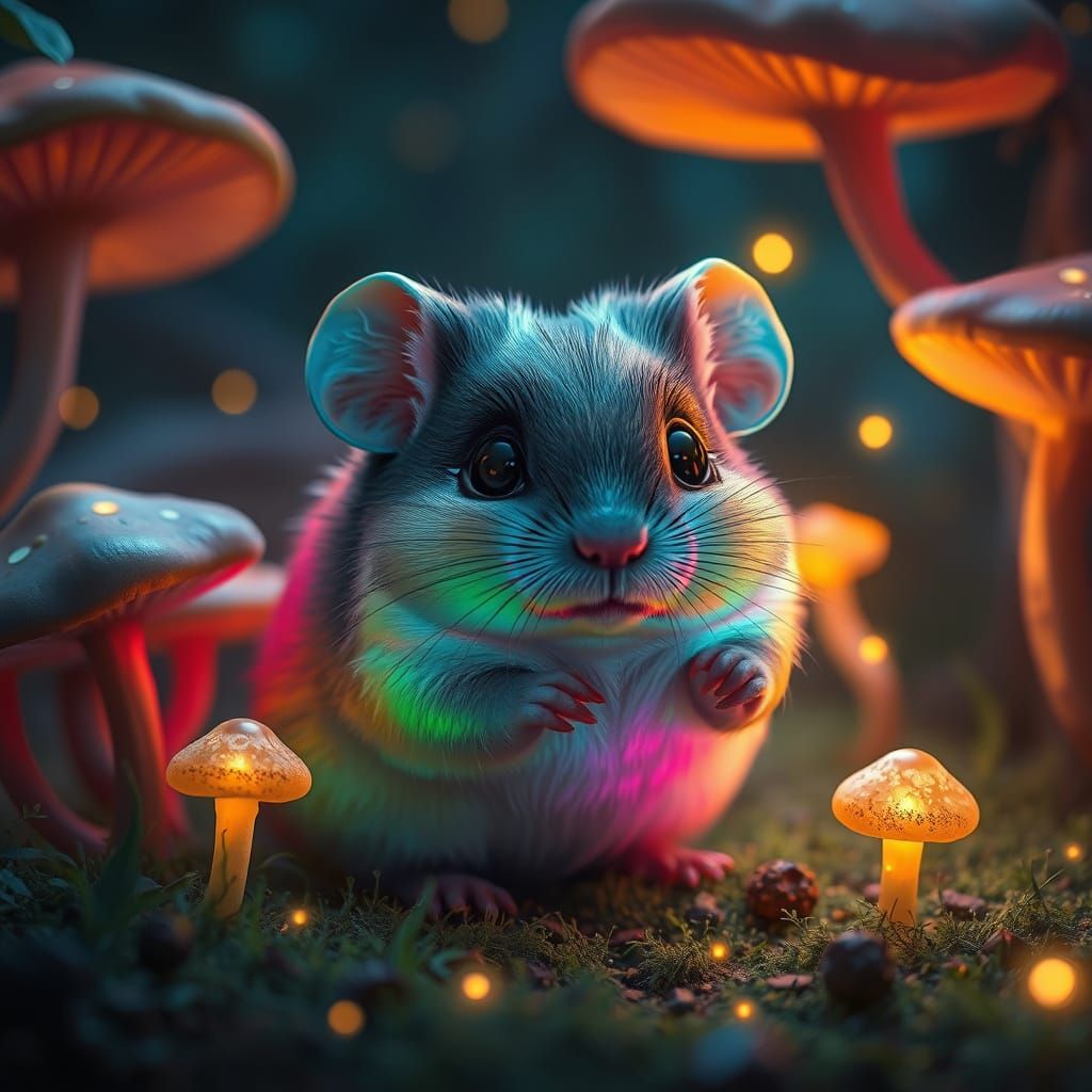 Whimsical Iridescent Hamster in Enchanted Forest