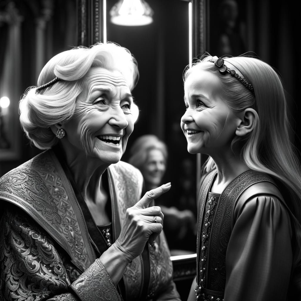 Joyful Black and White Portrait of Grandmother and Child