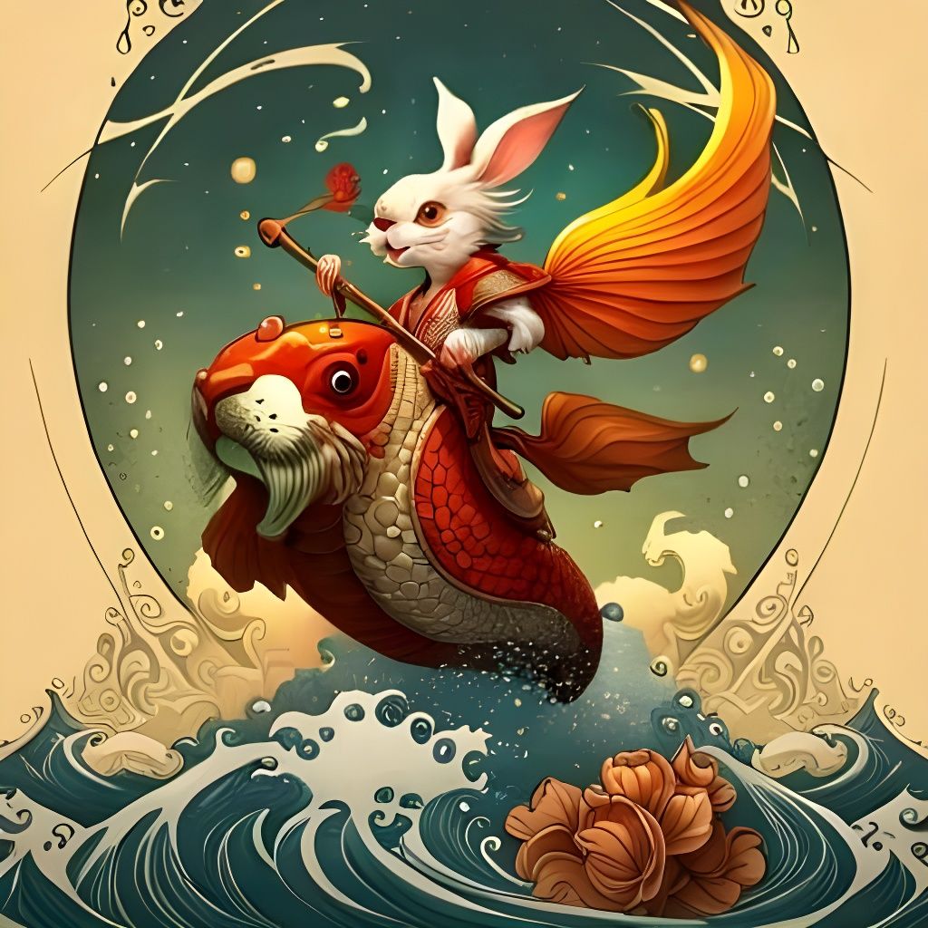 Rabbit Samurai on Koi Fish: Fantasycore Art