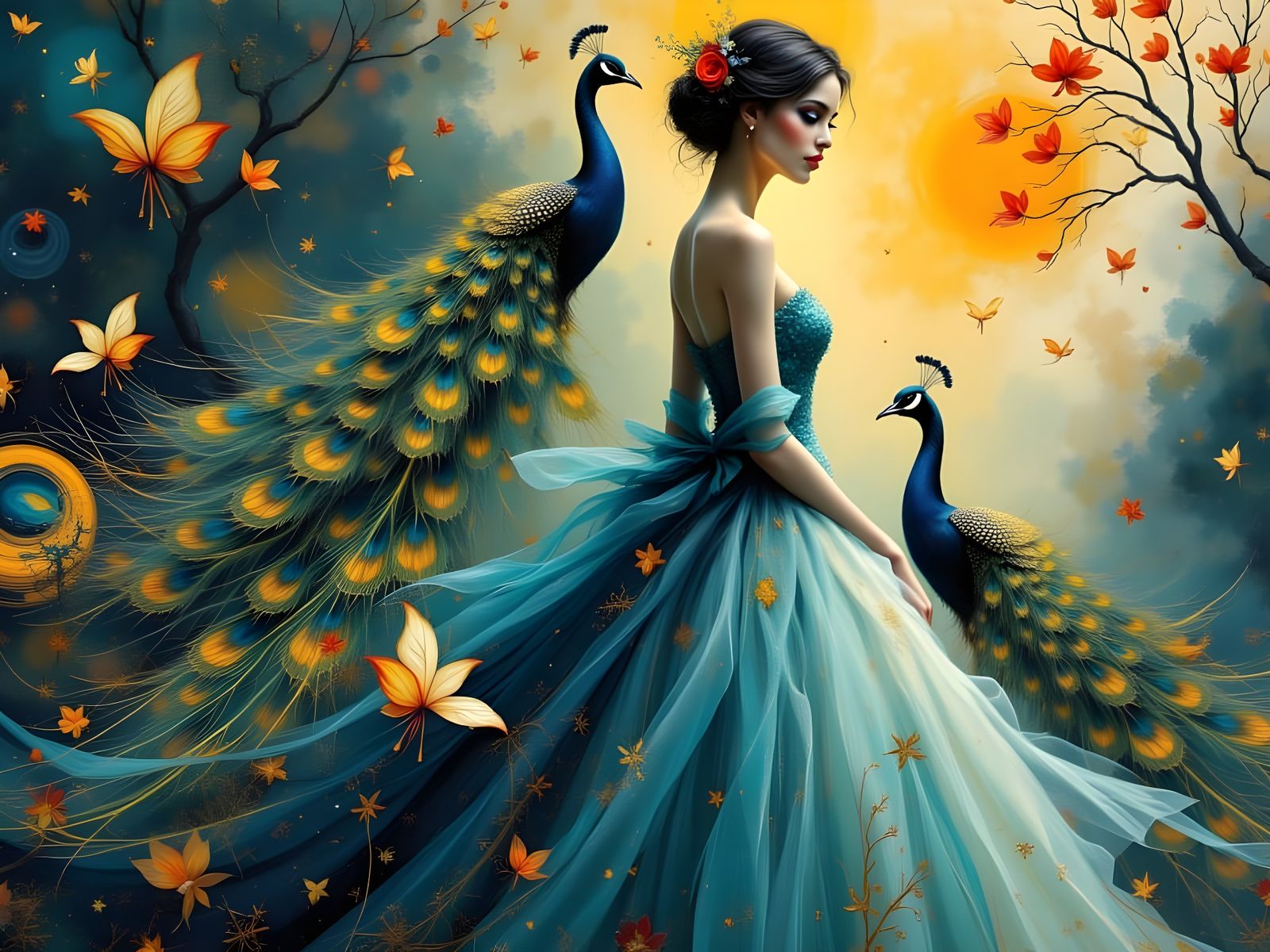 Elegant Surreal Woman with Peacocks in a Radiant Dress
