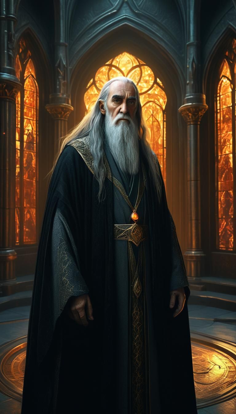 Saruman in Gothic Chamber: Hyperrealistic Concept Art