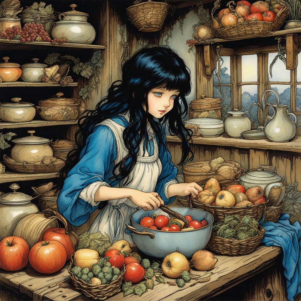 Magical Kitchen Scene in Arthur Rackham Style
