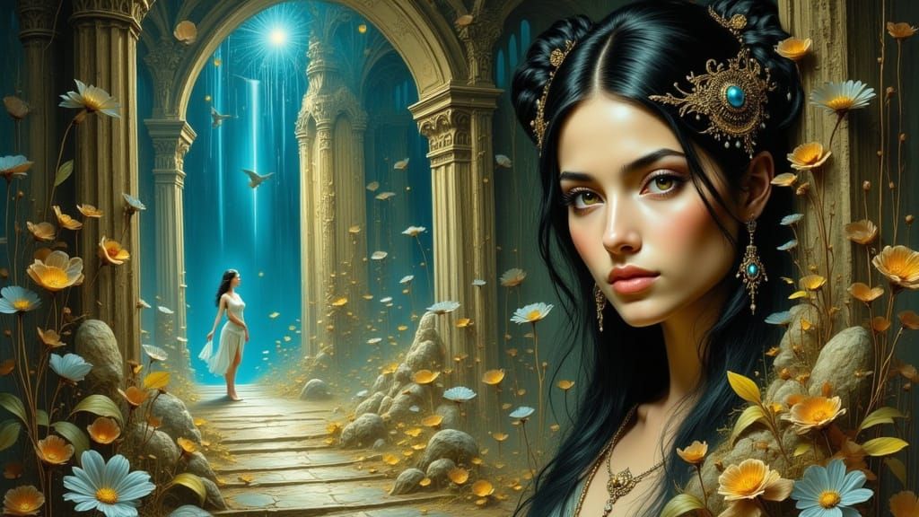 Woman Opens Door to Mystical Realm in Surreal Style