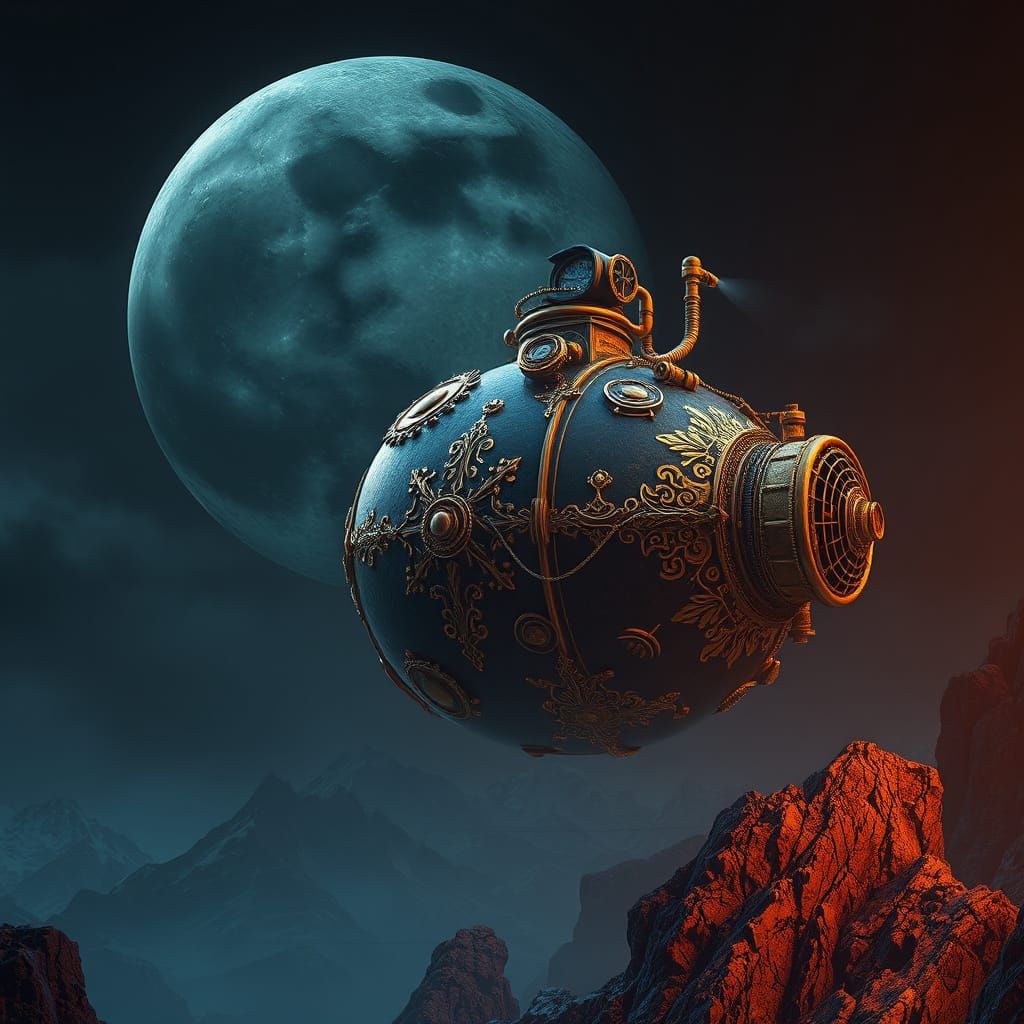 Gigantic Steampunk Nuclear Bomb Under Black Moonlit Skies