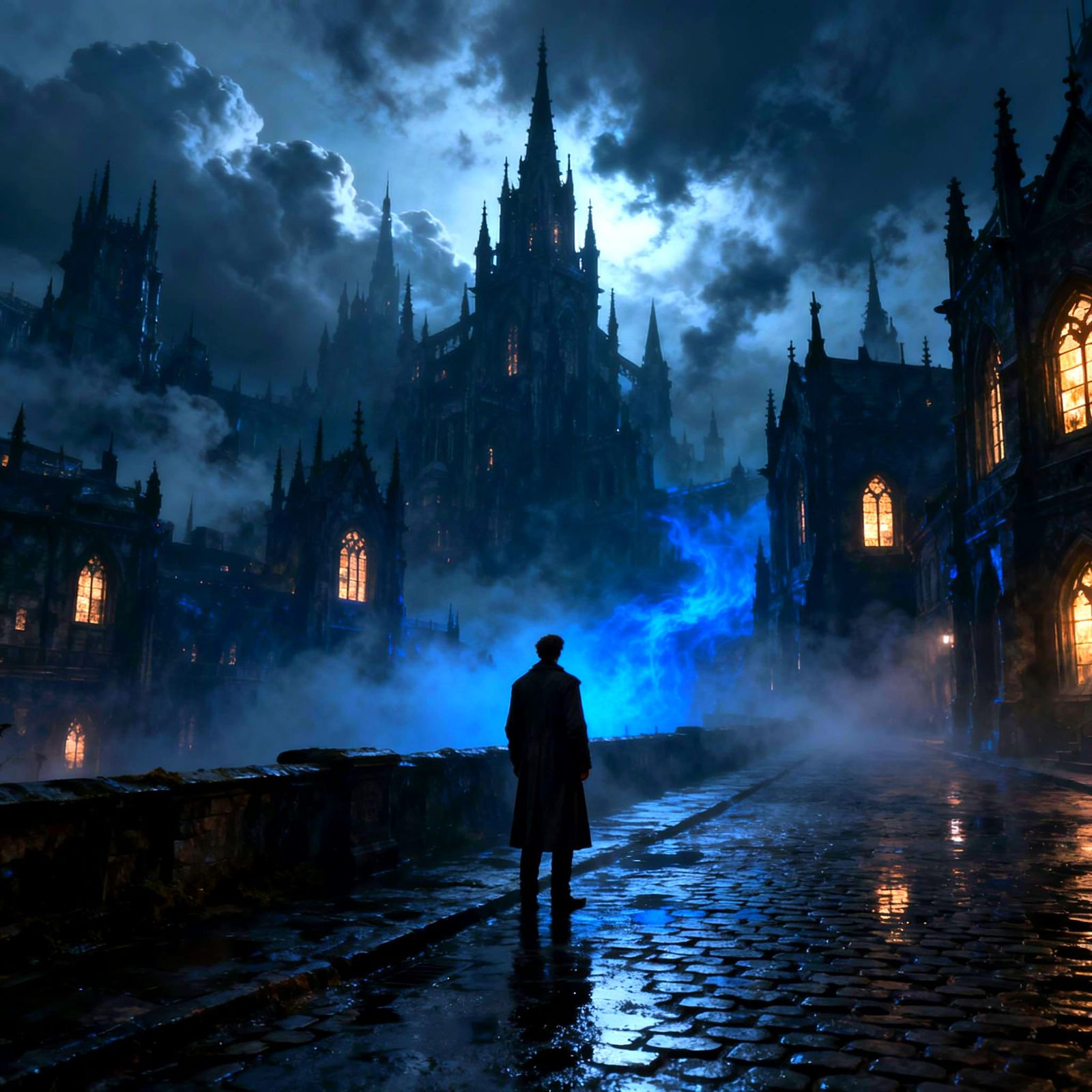Dark Fantasy Cityscape with Gothic Architecture