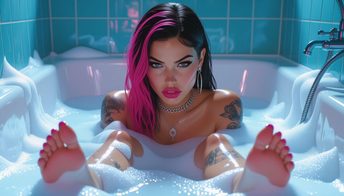 Brunette Woman in Bathtub with Neon Accents