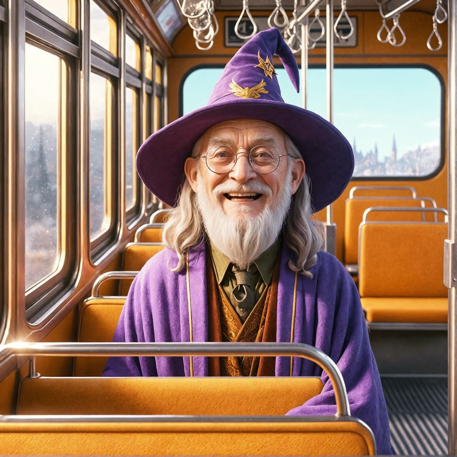 Cheerful Wizard on Public Transport in 2D Animation