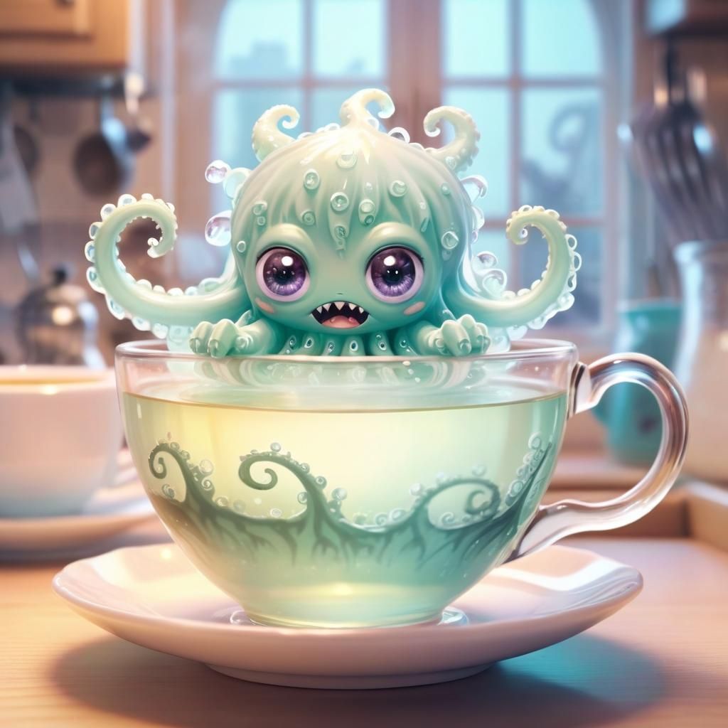 Chibi Kraken Monster Escapes Crystal Teacup