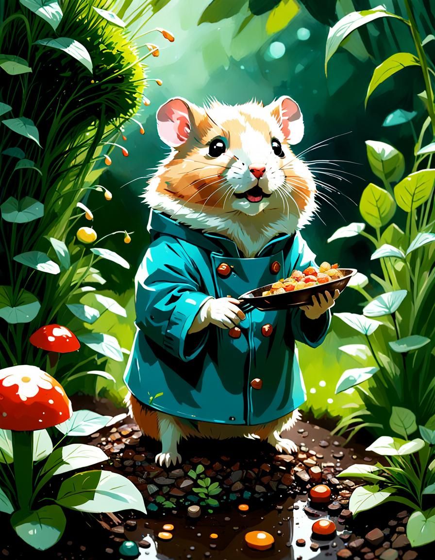 Hamster Baker in Garden: Digital Art Illustration
