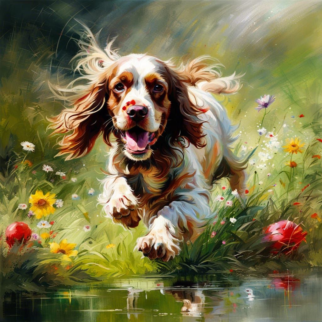 English Cocker Spaniel in Sunlit Meadow: Tachisme Painting