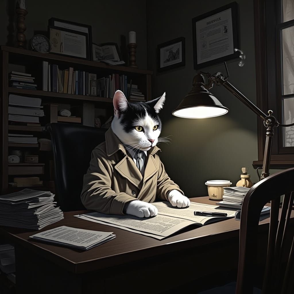 Noir Cat Detective in Smoky Office