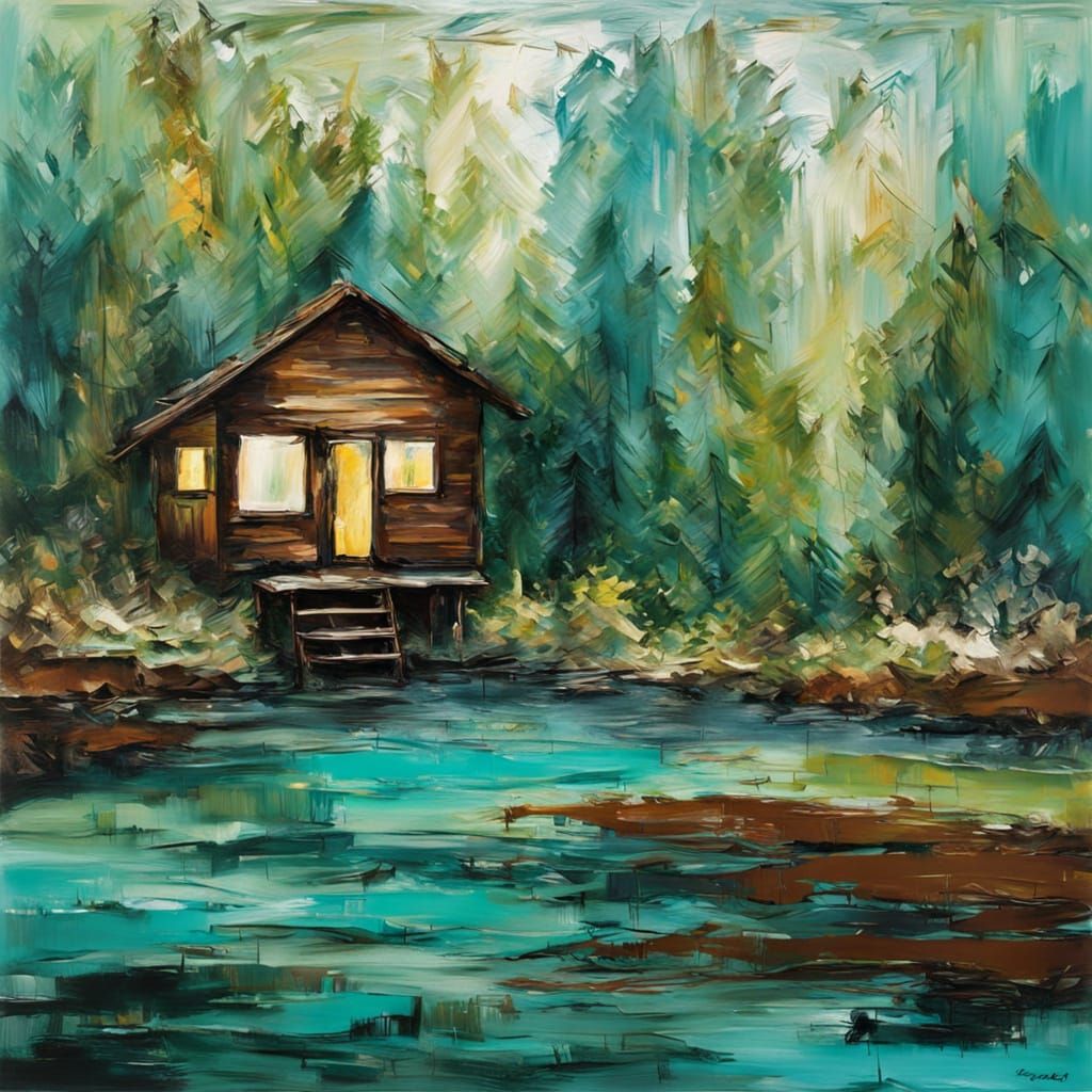Riverbank Cabin in Maximalist Impasto Style