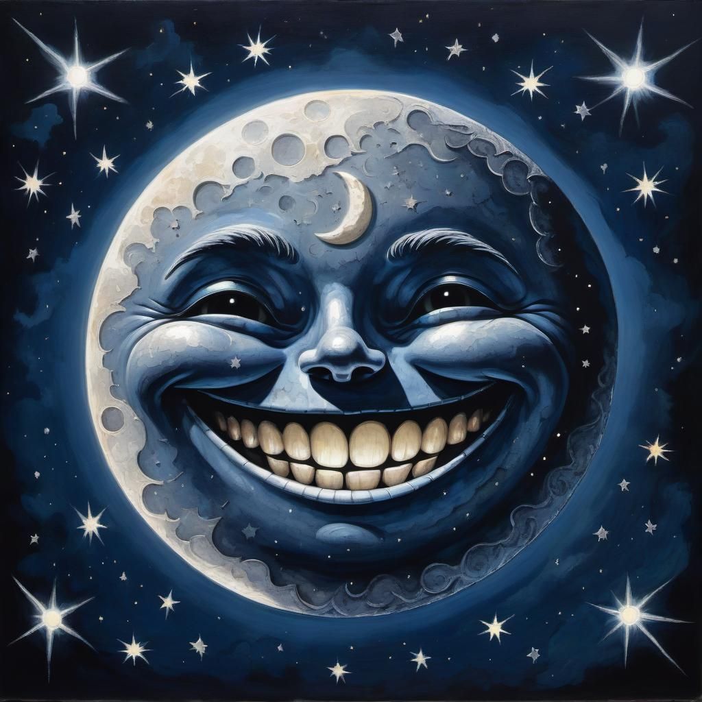 Grinning Moonlit Silhouette: A Whimsical Night Painting