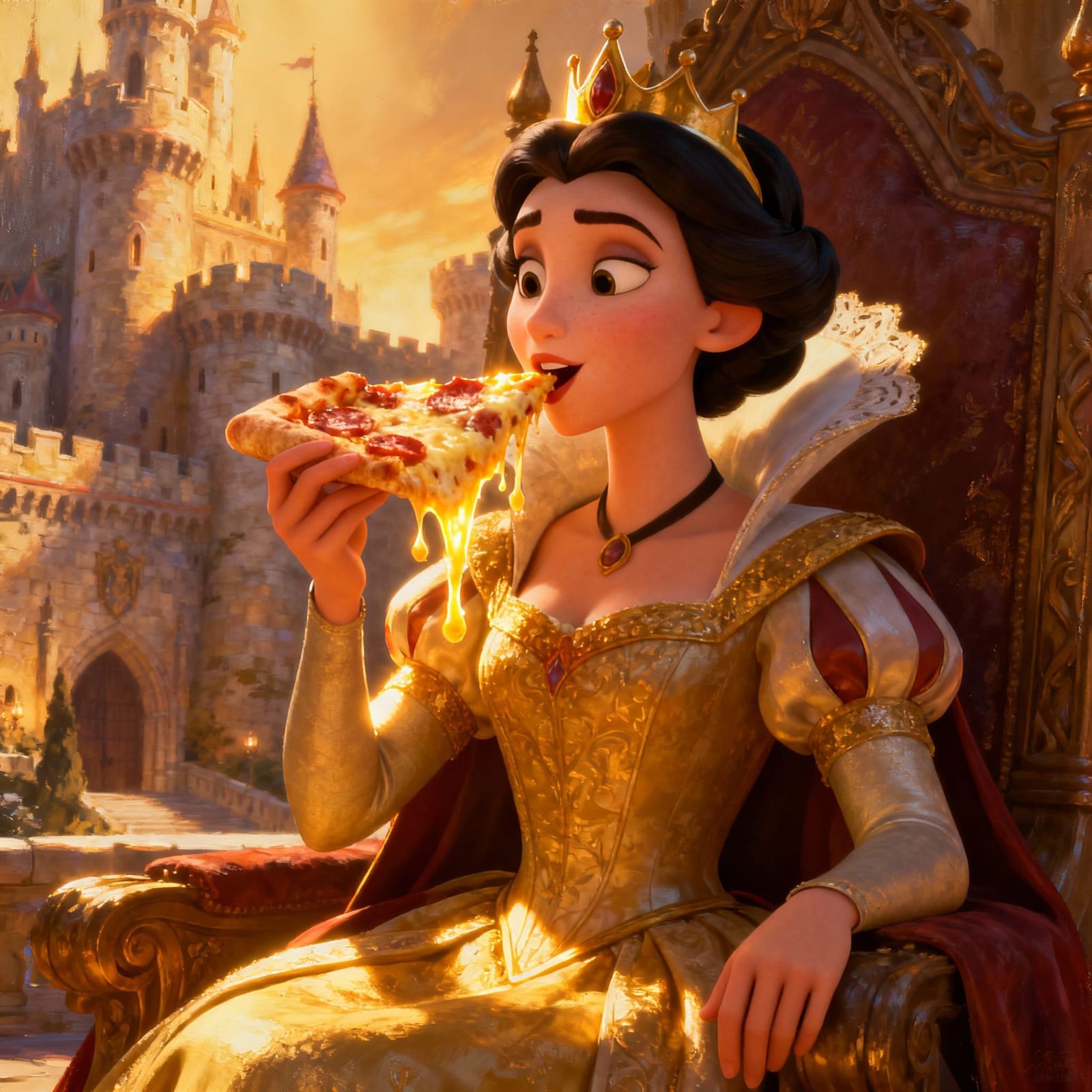 Queen Enjoys Pizza in Castle, Pixar Style
