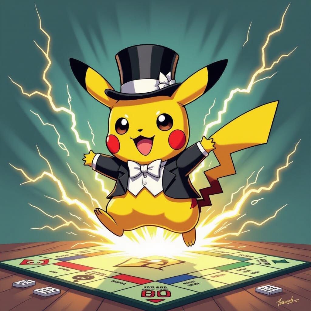 Pikachu as Monopoly Man with Lightning on Board