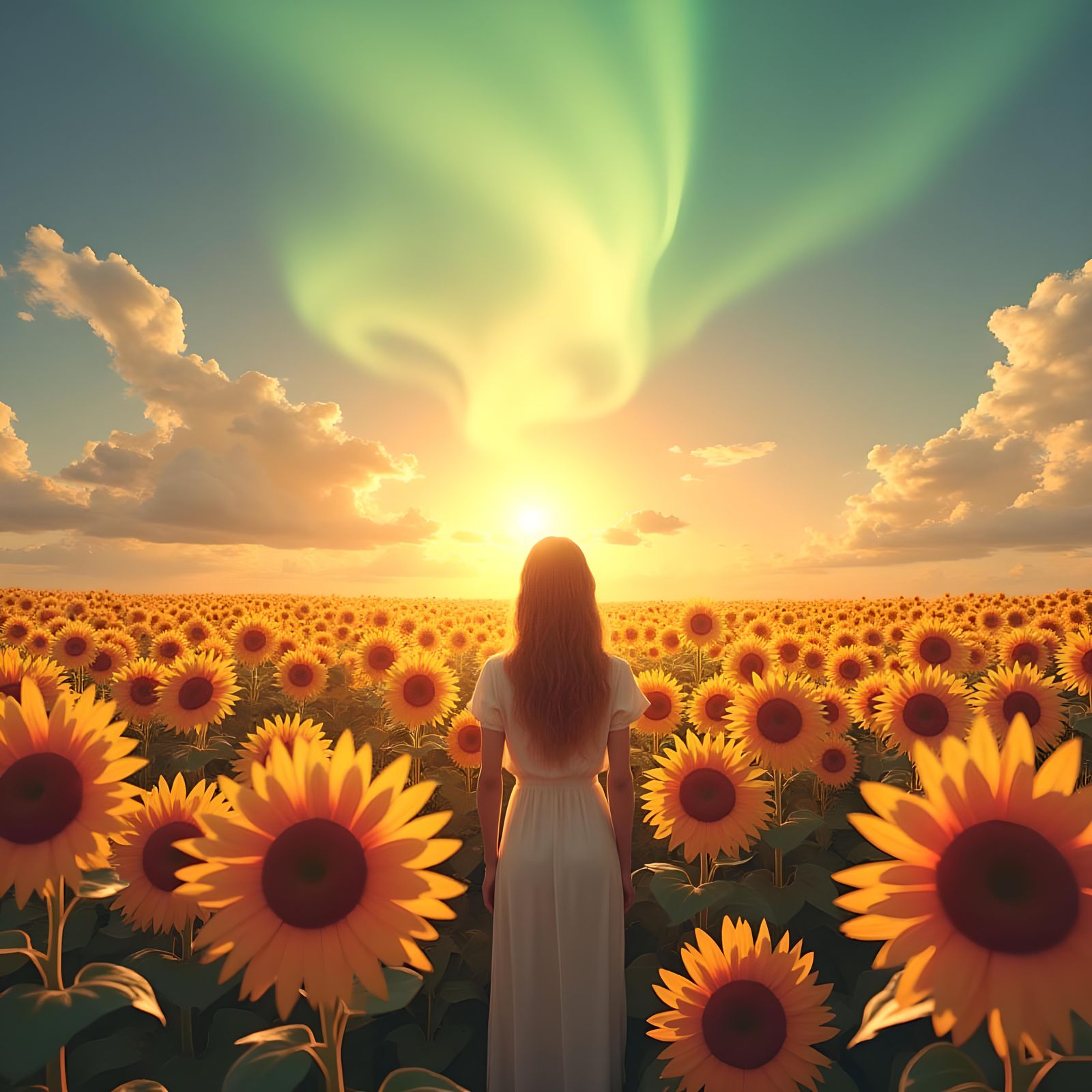 Sunflowers Under Northern Lights at Sunset
