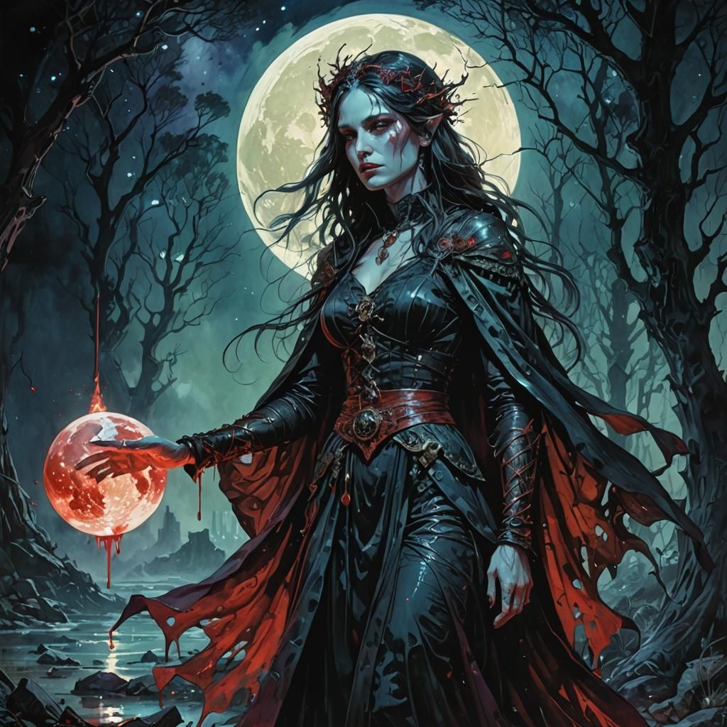 Ethereal Blood Witch Under Iridescent Moonlight