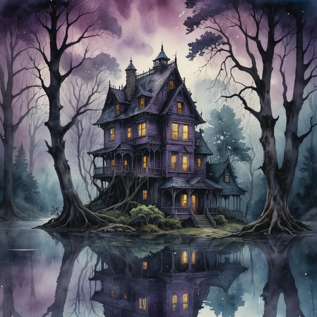 Surreal Haunted House in Watercolor Illustration