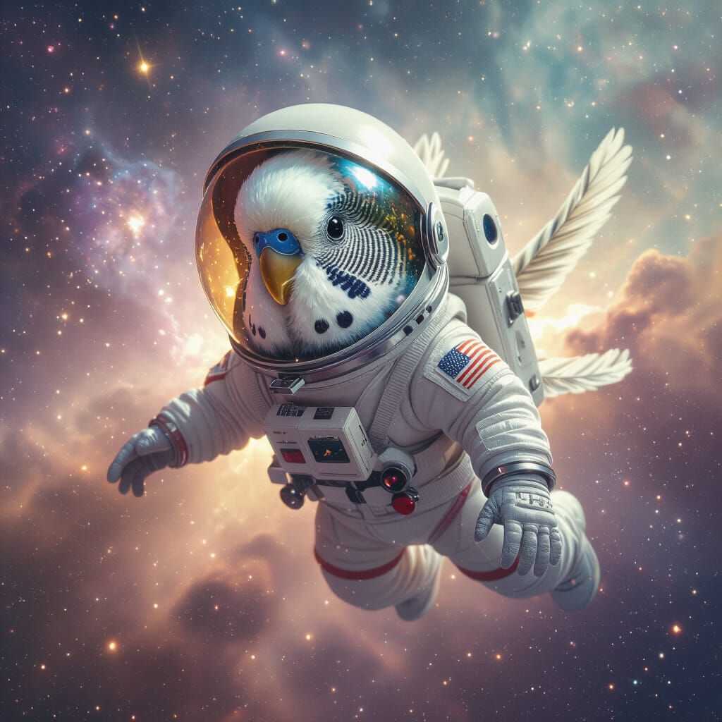 Budgerigar Astronaut Soaring Through Cosmic Nebula