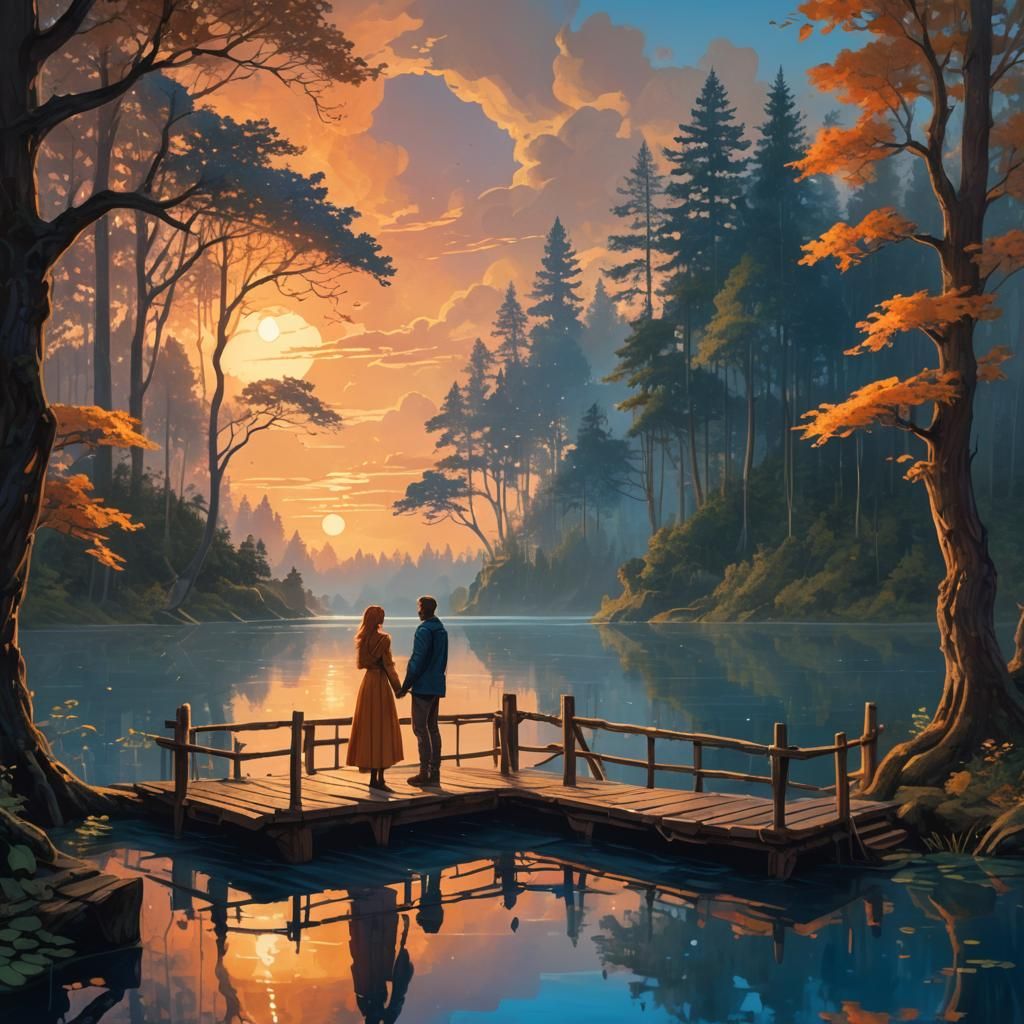 Romantic Couple Watching Sunset: Fantasy Art