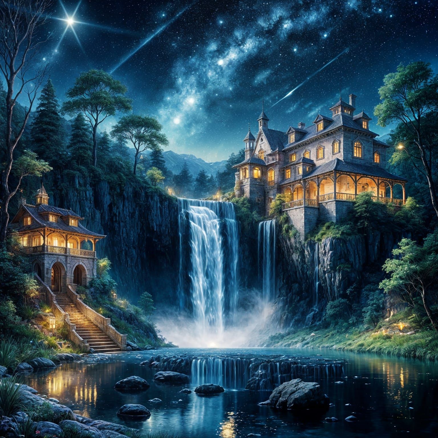 Enchanted Waterfall Under the Stars: Digital Illustration