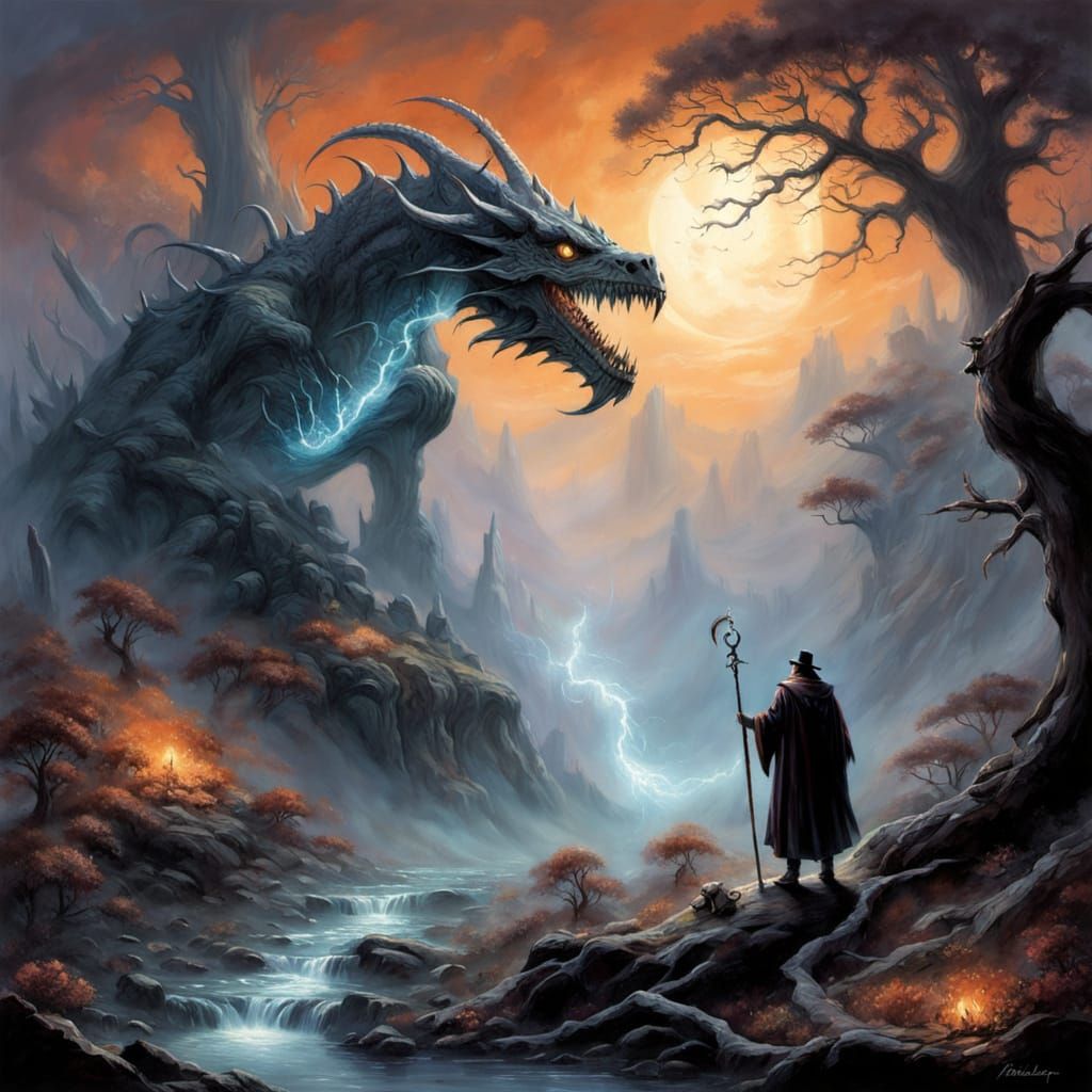 Sorcerer Conjures Spectral Dragon in Petrified Forest