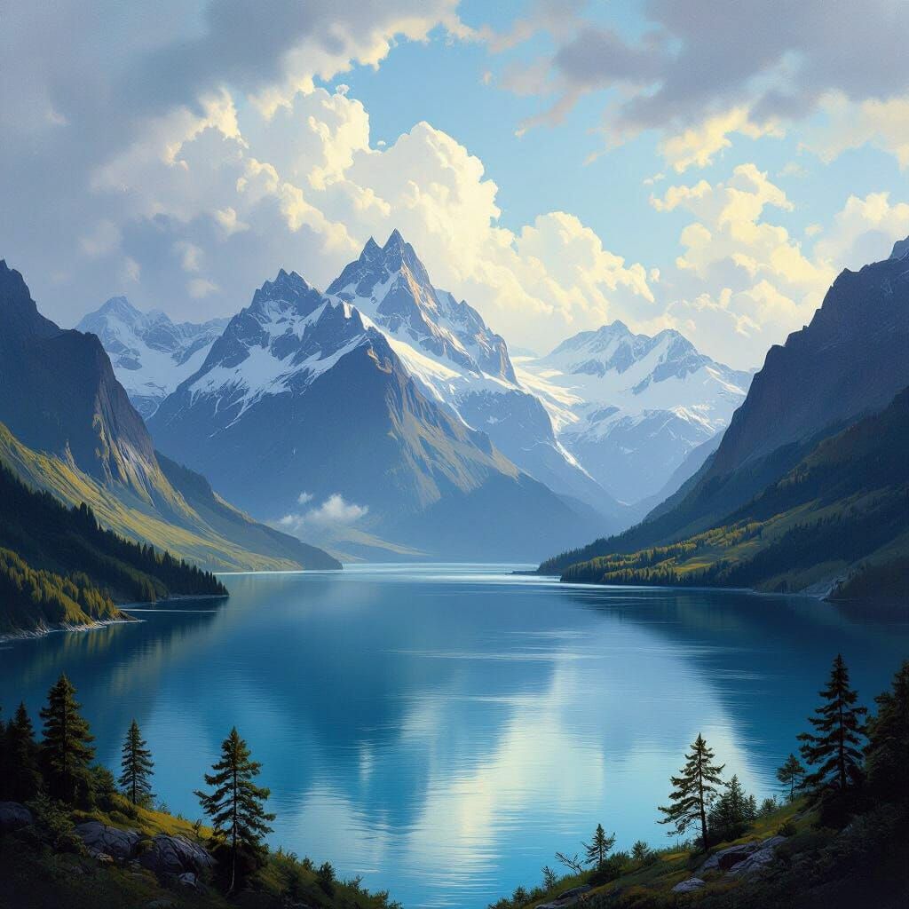 Majestic Mountain Landscape Meets the Sea: Romantic Realism