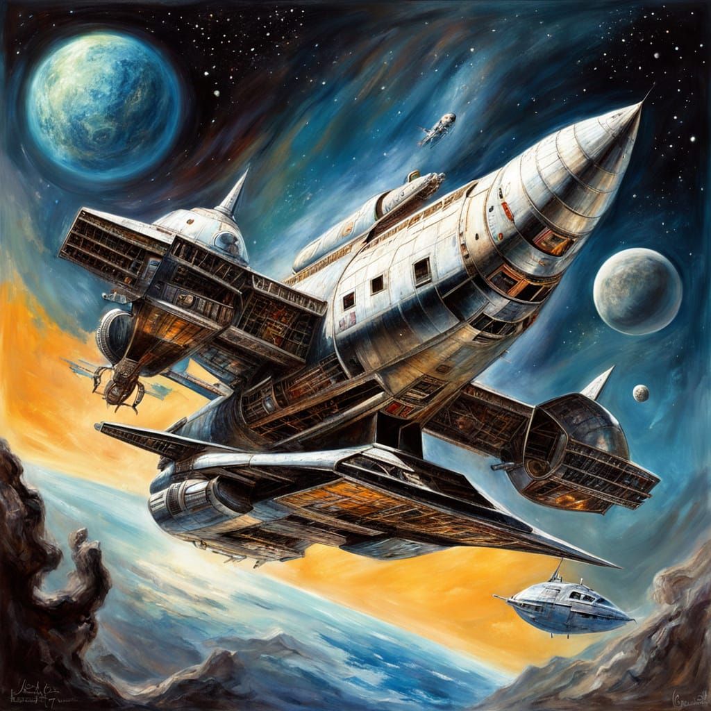 Retro Rocket Ship in Space as Oil Painting